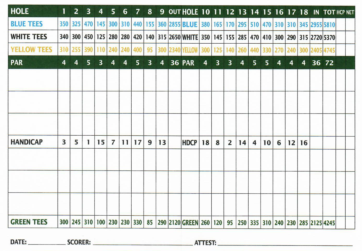 Brookside Golf Course Score Card